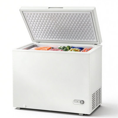 Congélateur autoportant 10,0 pi cu avec thermostat réglable à 7 niveaux, congélateur à ouverture par le haut avec panier de rangement amovible, blanc