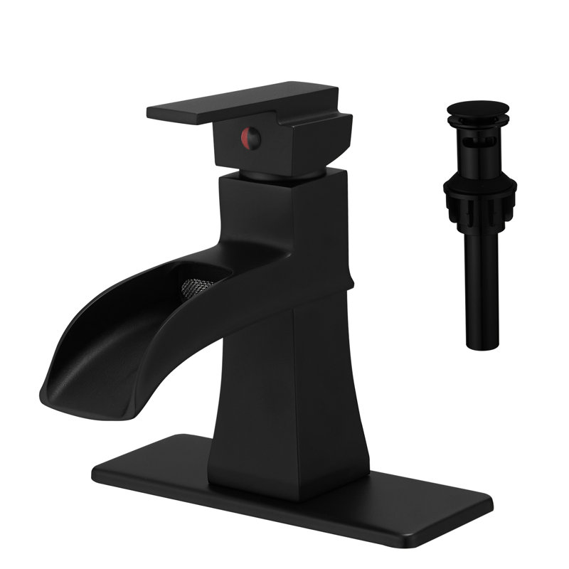 Geometric Bathroom Faucet - Black Waterfall With Supply Lines, Pop Up Drain, Deck Mounted, One Handle, Matte Finish, Side Mounted Sink Handle