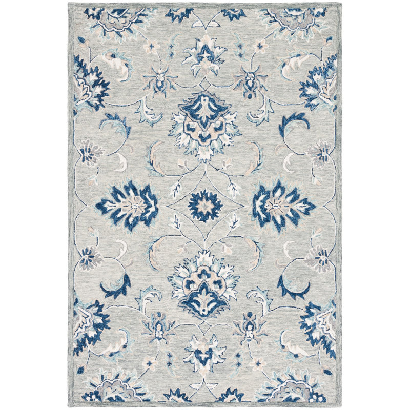 Saguenay Micro-Loop Hand Tufted Wool/Cotton Floral Rug in Blue, Rectangle 5' x 8'