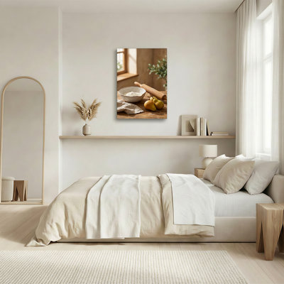 Art mural en bois avec rouleau à pâtisserie et farine en bois avec poires sur table