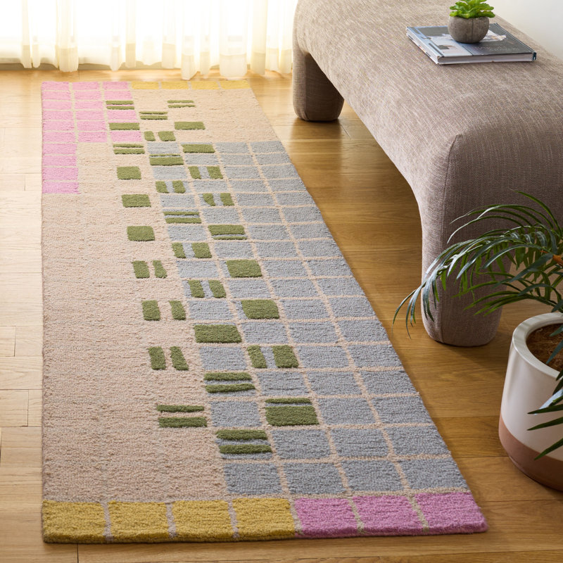 Genre 206 Checkered Hand Tufted 85% Wool; 15% Cotton Geometric Shapes Rug, Runner 2'3" x 8'