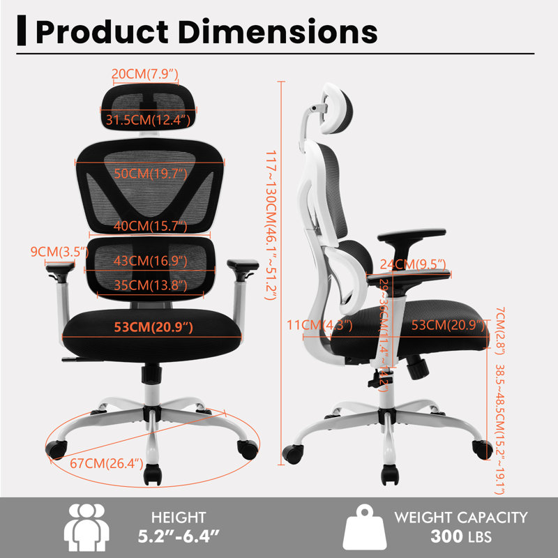 Comfy Breathable Ergonomic Task Chair with Headrest, White