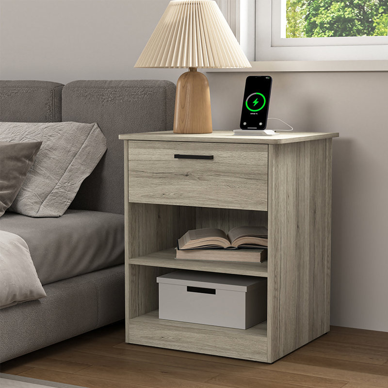 Wooden Nightstand Bedside Table With 1 Drawer And Shelves, End Table For Bedroom, Gray