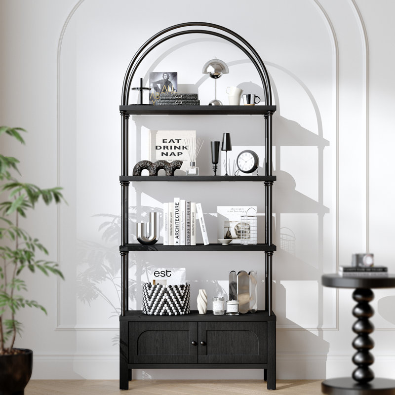 Arched Odilia With Door 71 Inches Tall Arch Bookcase Black Book Shelf With Storage Cabinet Heavy-Duty Shelving Board Aesthetic Display Shelving Unit For Living Room/Office