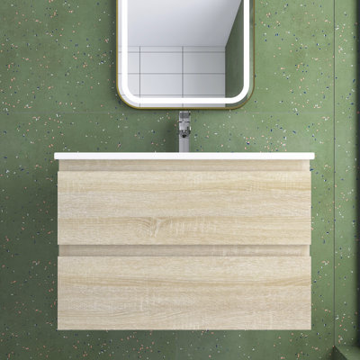 Meuble-lavabo mural 30 po avec tiroirs, armoire en contreplaqué de chêne clair avec cuve en céramique blanche intégrée