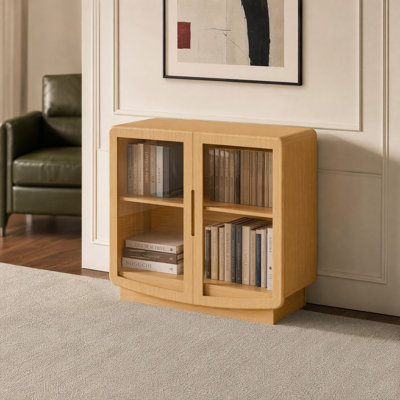 Light Oak Curved Sideboard Cabinet with Glass Display Doors, 35"W Storage Buffet