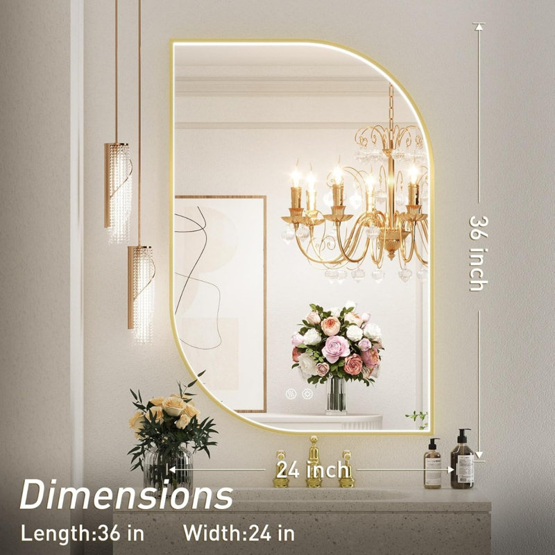 Miroir mural 24 po x 36 po à DEL pour salle de bain avec lumières, miroir de salle de bain asymétrique illuminé à cadre doré, anti-buée, à intensité variable