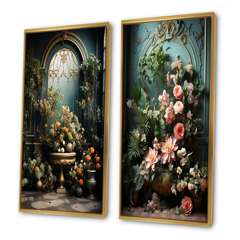 «Flower Foliage Adorned Gardens - Plants», ensemble de 2 reproductions d'art mural, Cadre flottant doré, H 40 po x l 41 po