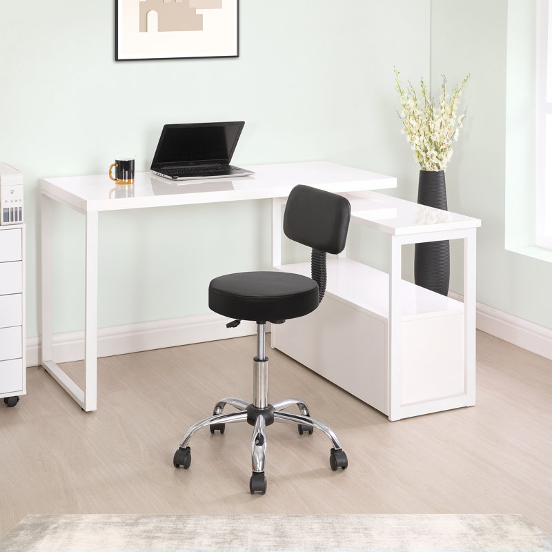 Dakotajames Adjustable Drafting Stool, Office Stool with Wheels and Backrest, Faux Leather Space-Saving Rolling Stool, Black