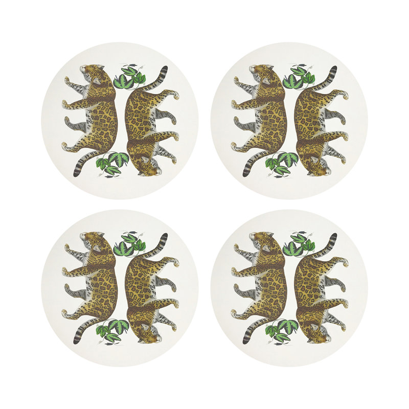 Leopard Seeing Double Evergreen Vegan Leather Round Coasters, White