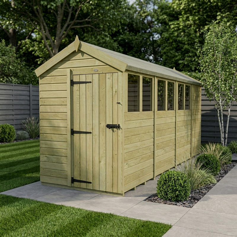 Total Sheds 5ft x 15ft Apex Garden Shed - Single Door - With Windows - Pressure Treated Timber - UK Manufactured