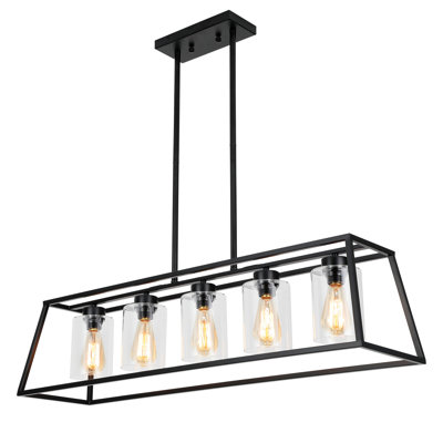 Éclairage pour îlot de cuisine, lustres noirs à 5 lumières pour la salle à manger au-dessus de la table, lustre rectangulaire pour îlot de cuisine avec verre cylindrique transparent Farmhouse