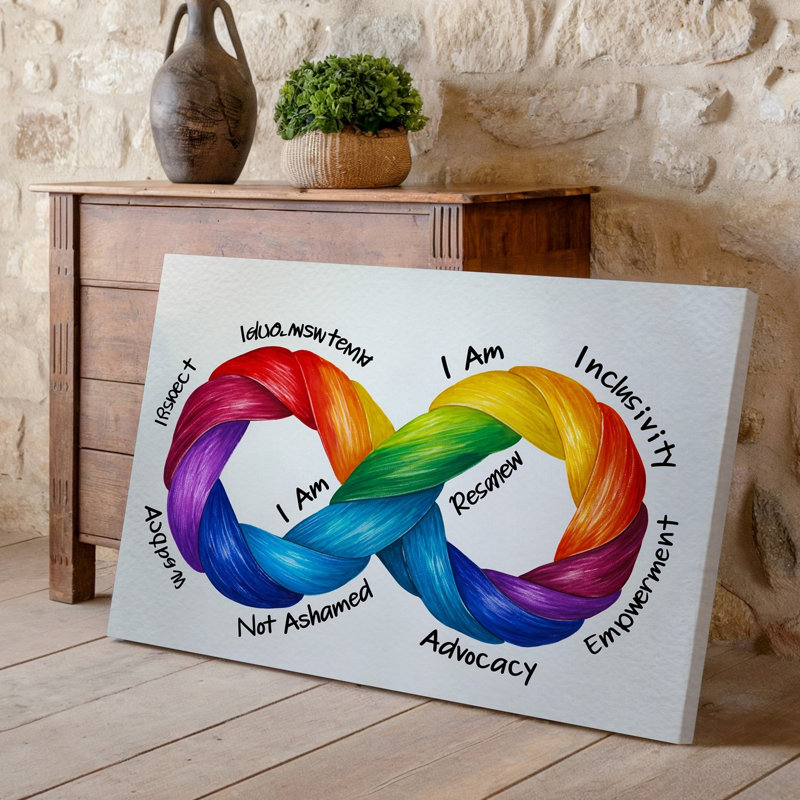 La toile crée une conception abstraite vibrante et colorée mettant en vedette un symbole d'art infini composé de rubans entrelacés dans une toile