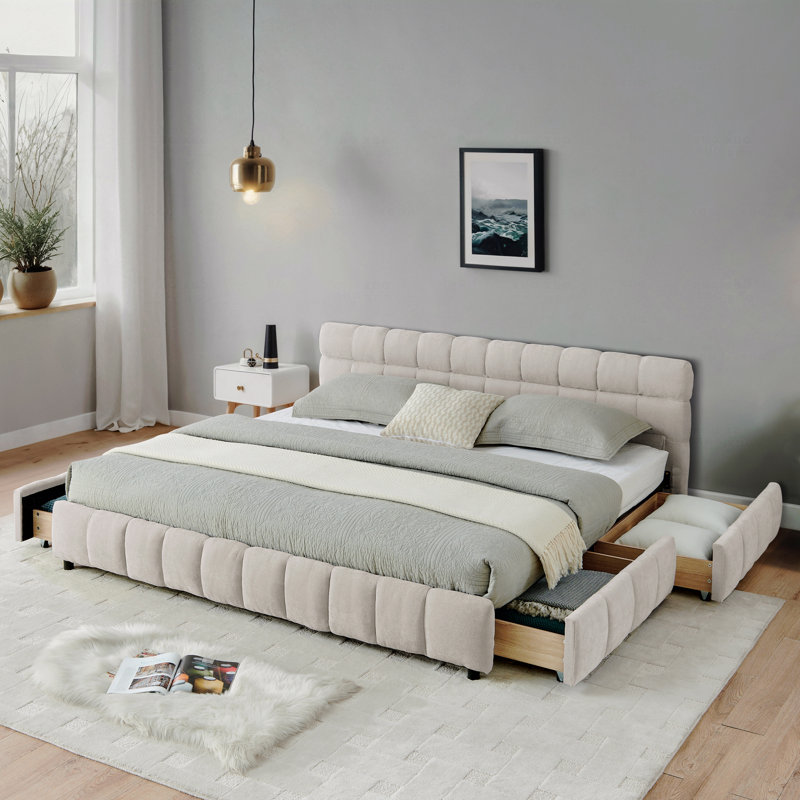 California King Chenille Upholstered Platform Bed with Storage Drawers-Beige, Beige
