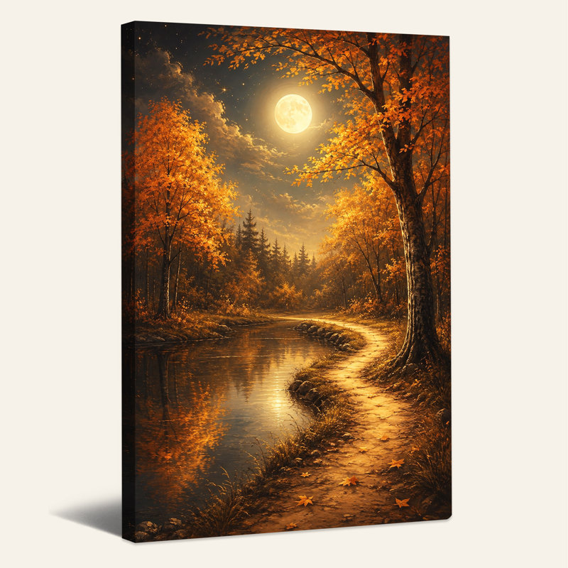 «Glowing Autumn Trees long Winding River Path Halloween», art mural sur toile, H 36 po x l 24 po