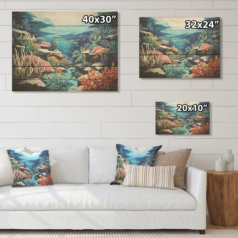«Under Water Marine Reef Dream» - art mural bois de corail sous l'eau sur bois de pin naturel, H 10 po x l 20 po