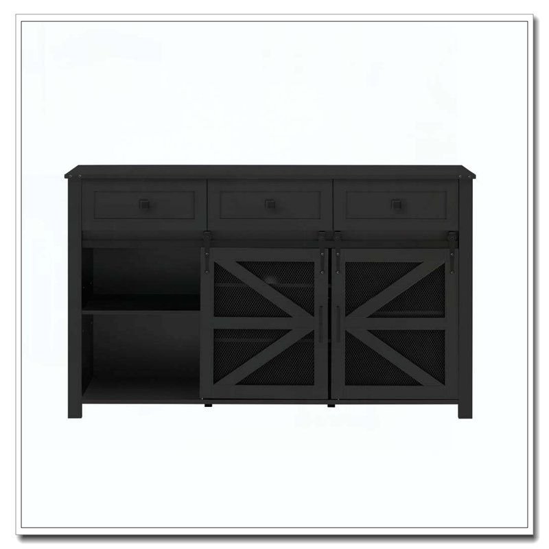 Sliding Barn Door Sideboard With 3 Drawers, Particle Board & Storage Cabinet With Aluminum Handles & For Living Room, Dining Room