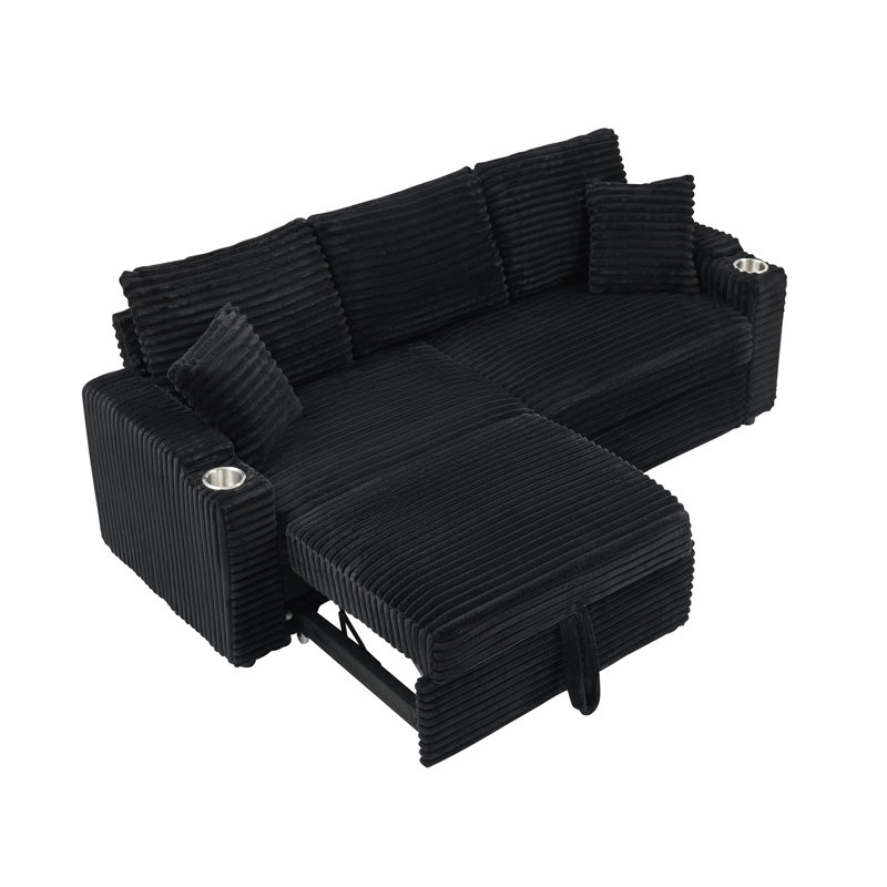 Sofa with Hidden Chaise Longue,Cup Holders and Pillows, Black Corduroy