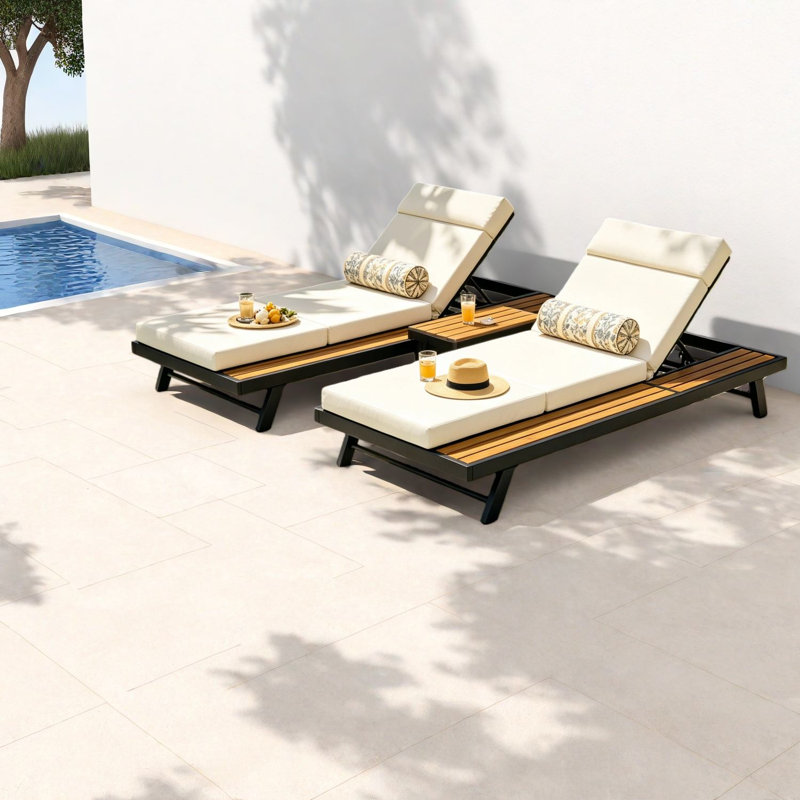 Méridiennes de patio réglables, métal moderne, bois avec rangement pour piscine