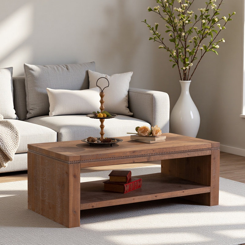 Table basse rectangulaire en bois massif, grande table basse rustique à 2 niveaux avec tablette de rangement, bureau, appartement et salon