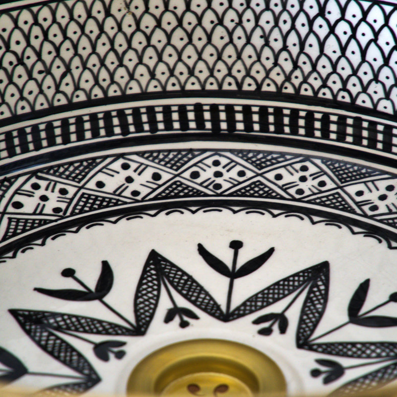 Handmade Ceramic Vessel Sink, Round Flower Design Countertop 12" Vanity Basin Bathroom Sink, Black