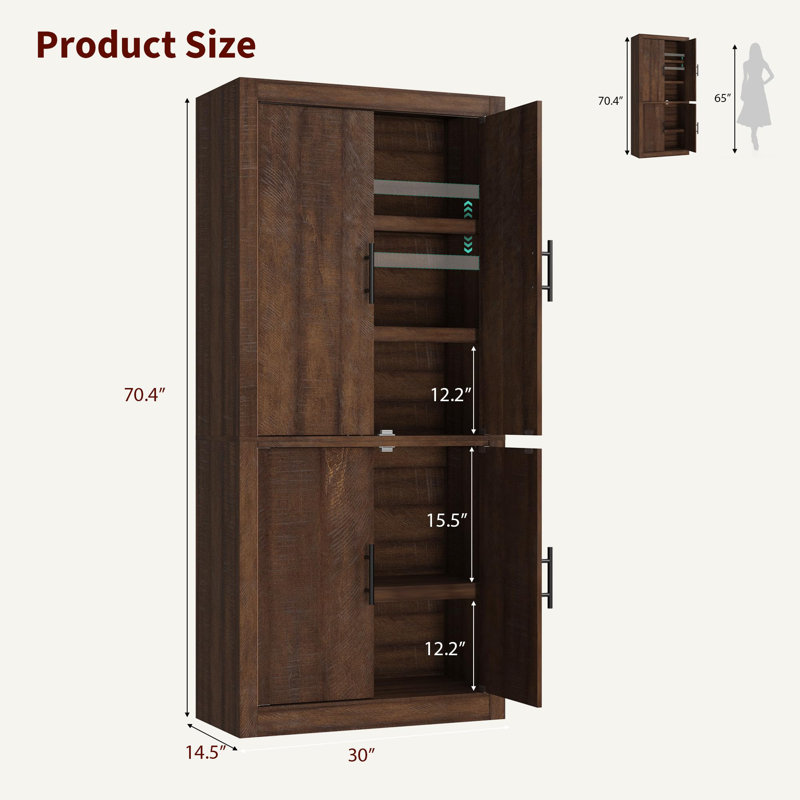 Grand garde-manger en bois avec tablettes réglables et grand rangement, Brun