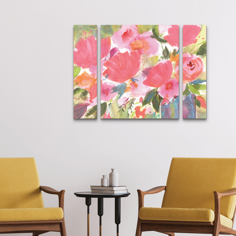 Ensemble de 3 panneaux - Sheila Golden «Pink Celebration Bouquet», art mural sur toile pour le salon, la chambre à coucher ou le bureau 