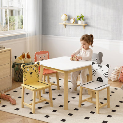 Kids Table and 4 Chairs Set, Wooden Toddler Table Chair Set with Animal‑Pattern Backrest, Children Activity Play Table for Drawing, Reading, Snack Time, Playroom, Nursery