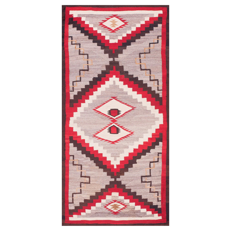 1930s Grey Red Brown Antique Tribal Navajo Rug 3'10"x7'4" Flatwoven Wool Carpet