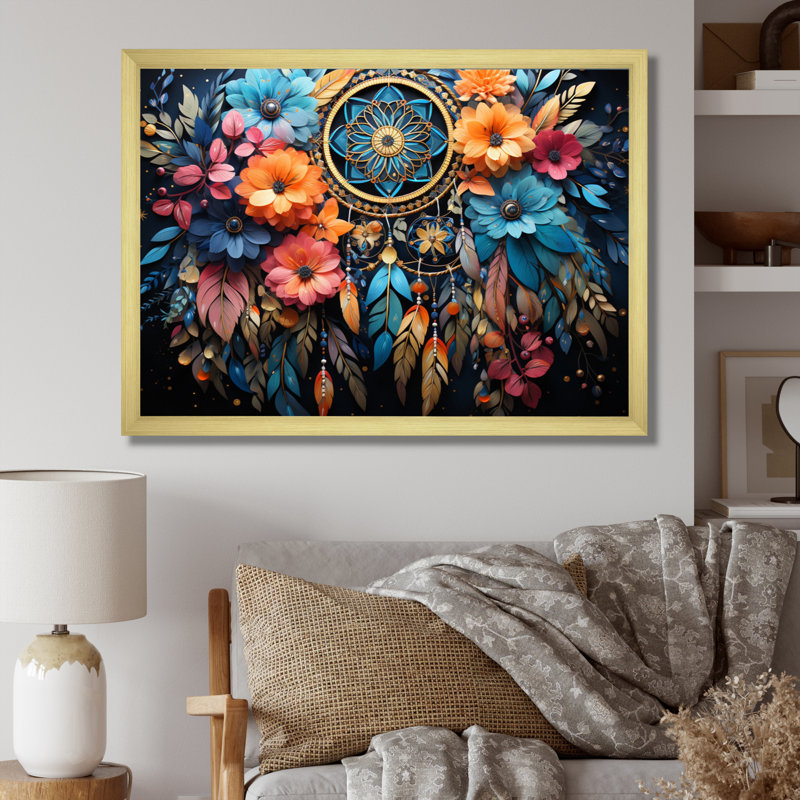 Teal Dream Catcher Dreams In - Dreamcatcher, art mural, H 16 po x l 32 po x P 1 po, Encadrement doré