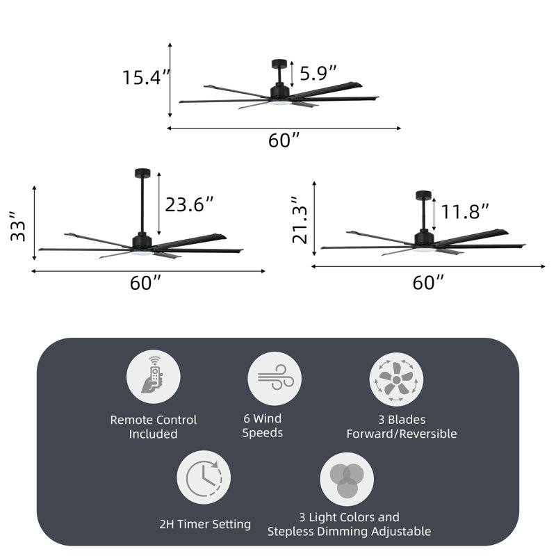 60 In. Ceiling Fan With Tri-cct 1350-lumen Led, 6 Aluminum Blades, Dc Motor, Remote And 3 Downrods, 60' Wide