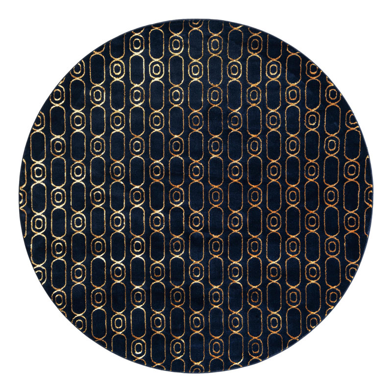 Latitude Run® Column Novica Rug Navy Blue and Gold, Round 7'10"