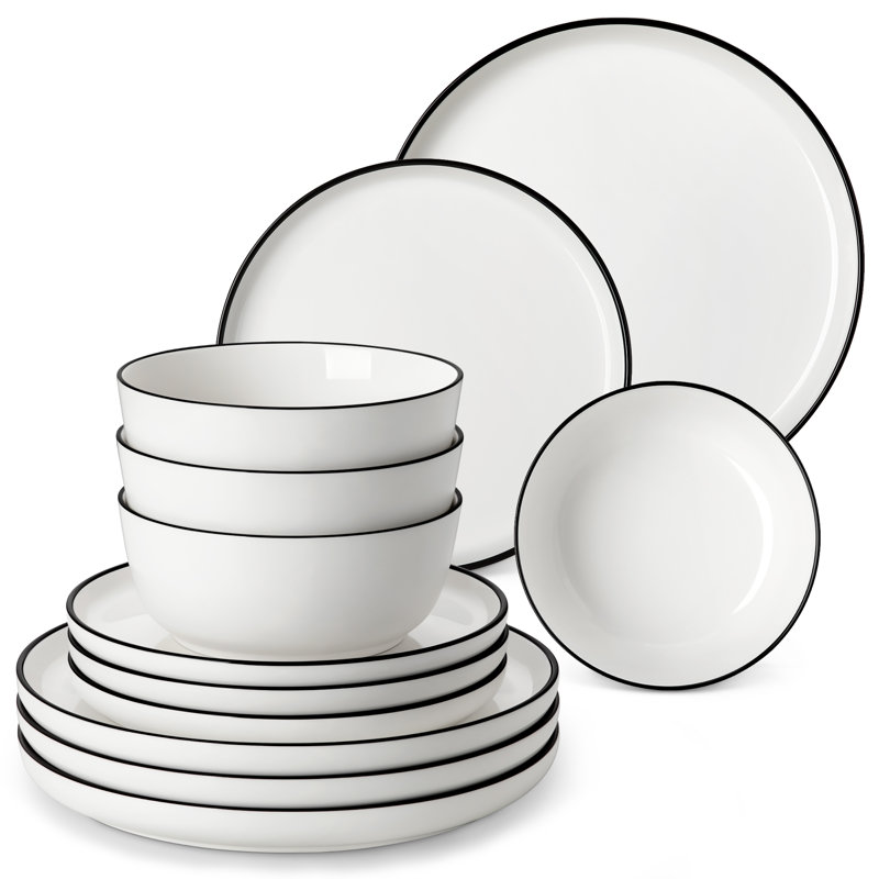 Piece Porcelain China Dinnerware Set - Service for 4, Black/White/Ivory