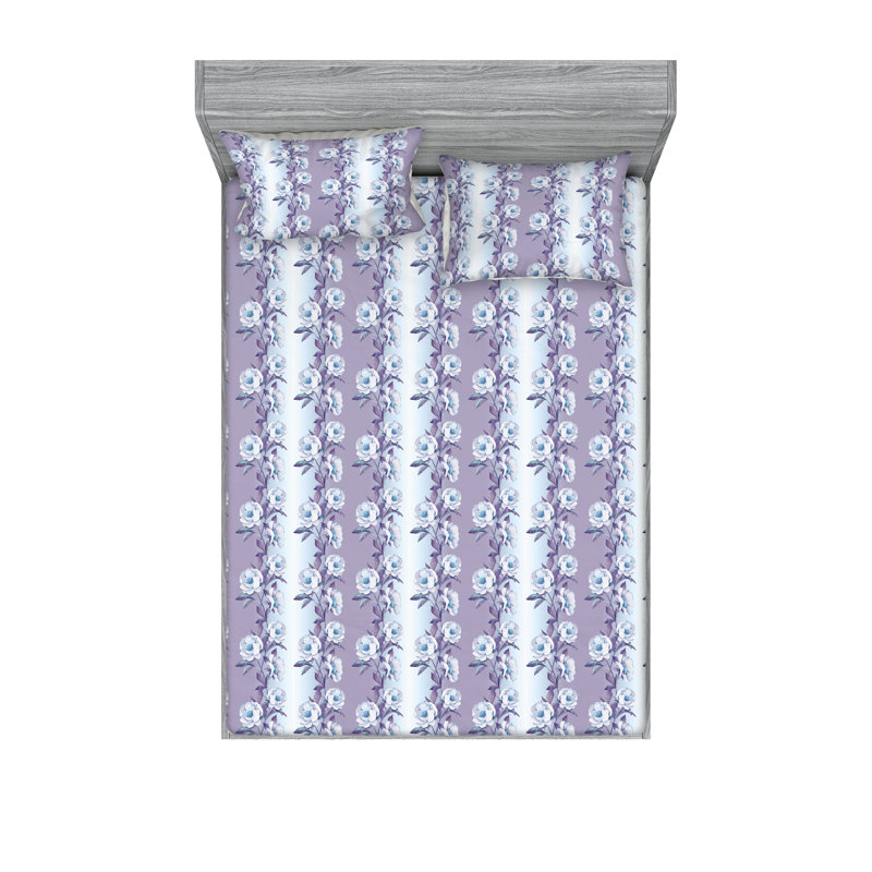Ambesonne Fitted Sheet & Shams, King Sheet Set with 2 Pillowcases, Pale Eggplant/Soft Blue Flower