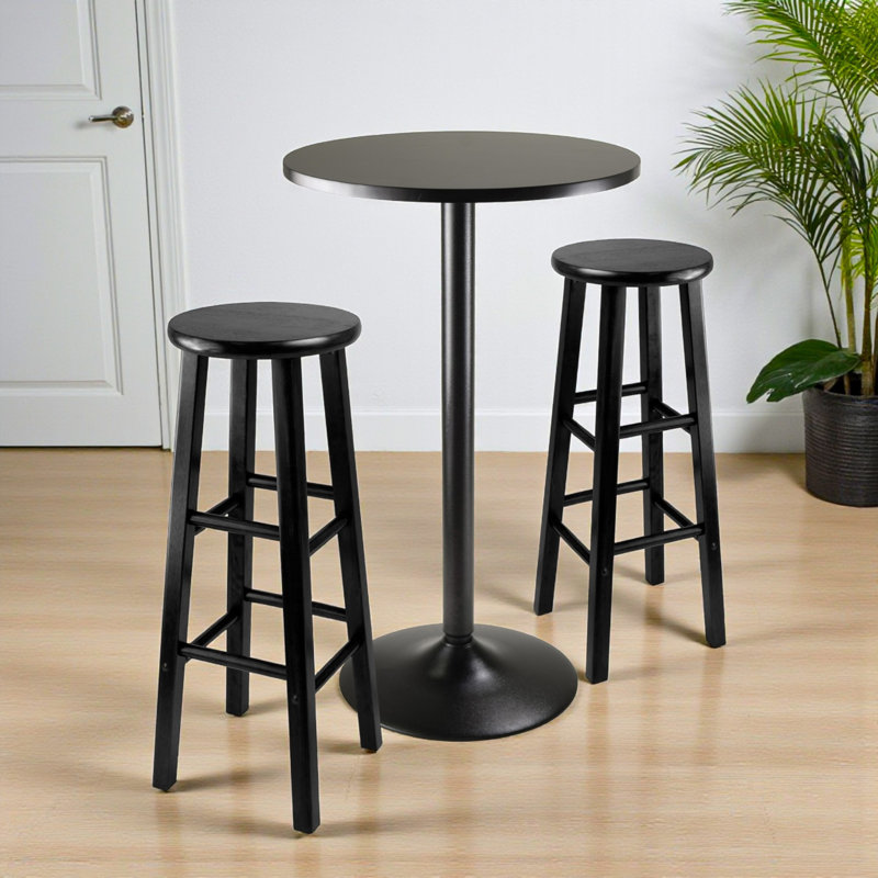 Danijela 3-Pc Wood Patio Dining Set with Round Table in Black, 28.85'' H X 13.56'' W X 13.56'' D