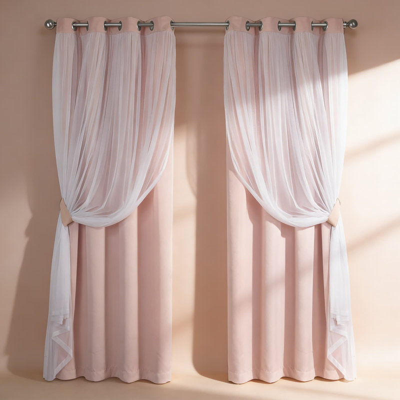Double Layer Curtains 2-Pack - Sheer & Blackout Room Darkening Panels With Grommet Top For Energy Efficiency, 52" W x 108" L