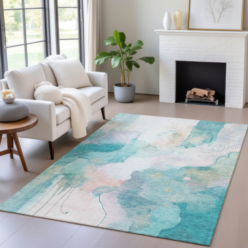 Tapis turquoise intérieur / extérieur lavable à la machine, Rectangulaire 8 pi x 10 pi