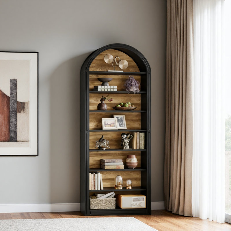 Closed Back Design Bookcase,Generous Bookshelf,Arched Display Shelving, Black