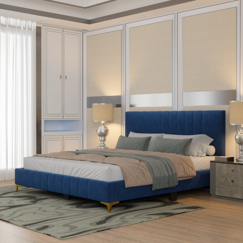Jineane Upholstered Panel Bed, Full , Blue/Gold