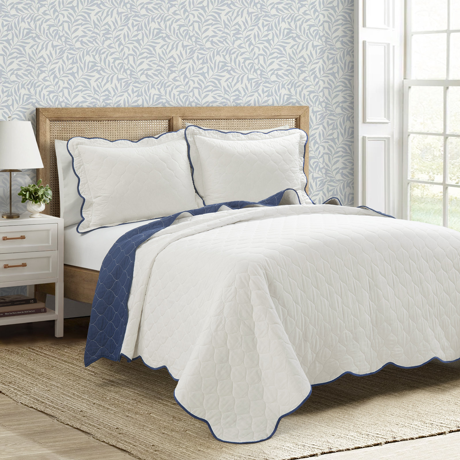 January Cotton Quilt Set, Queen Quilt, Navy
