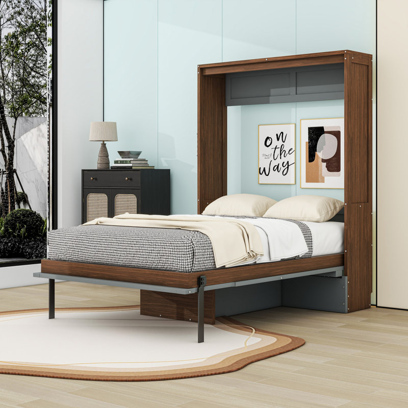 Lit escamotable double en bois avec bureau pliable intégré et tête de lit, Noyer gris