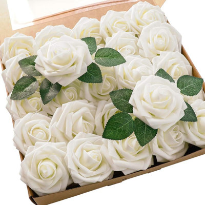 Fleurs artificielles artificielles en mousse ivoire avec tiges pour les bouquets de mariage bricolage