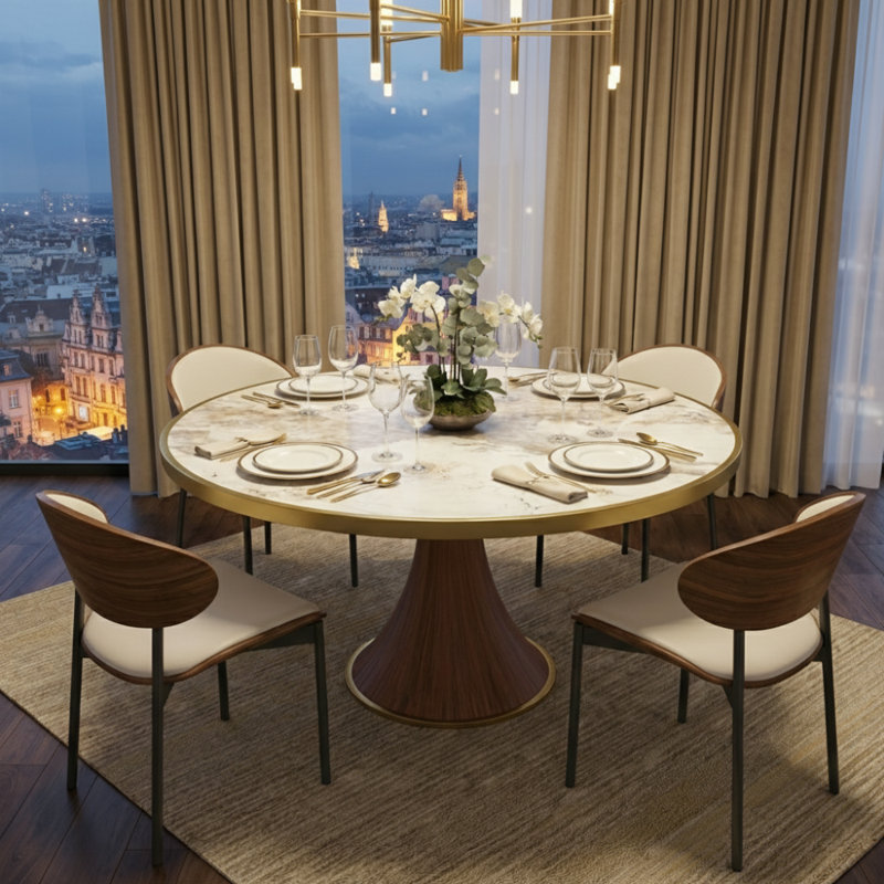 Luxury Thicken Stone Gold Trim Analia Round Solid Wood Base Kitchen Room Table For 2-8 People, 29.52"H x 47.24"L x 47.24"W