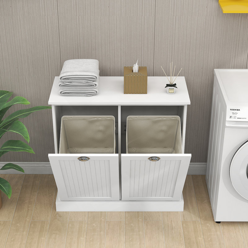 Two-Compartment Tilt-Out Laundry Sorter Cabinet-White