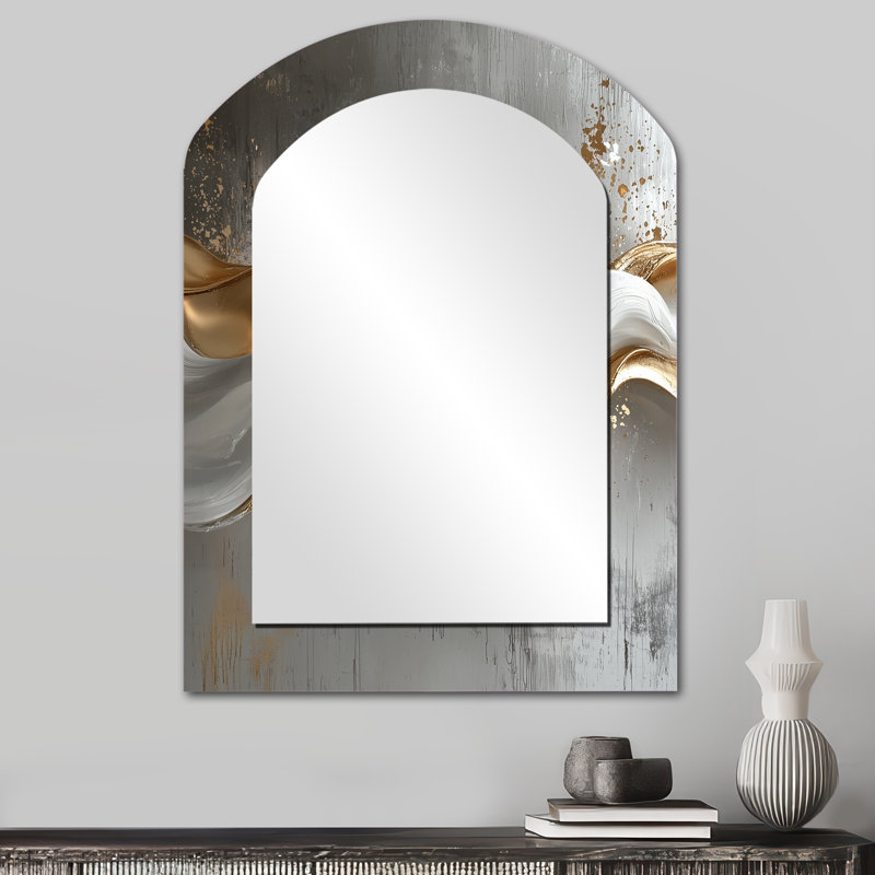 Abstract Marble In Grey And Gold Tones V - Marble Asymmetrical Unique Wall Mirror, Modern Arch Mirror, Printed Metal Art