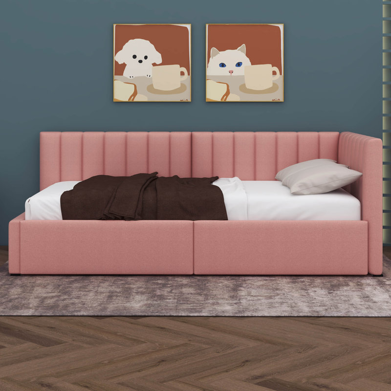 Upholstered Twin Size Sofa Bed Frame With 2 Drawers, Pink