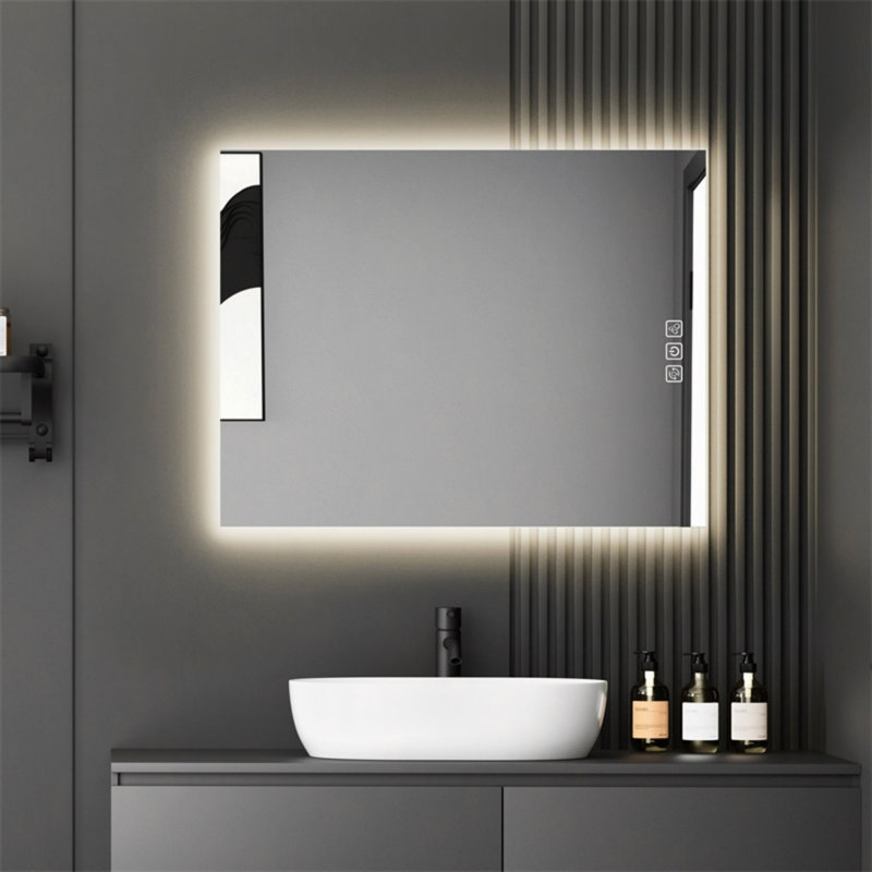 Miroir de salle de bain 36 po x 28 po à rétroéclairage DEL lumineux, désembuage 5 minutes, miroir de meuble-lavabo mural pleine HD à réflexion, 3 lumières à intensité variable à intensité variable, CRI90 +, fonction mémoire, anti-buée