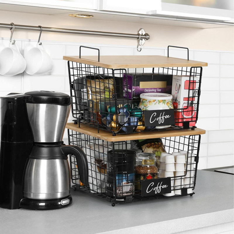 2 Set XXL Stackable Wire Basket With Bamboo Tops & Tag Pantry Organizer And Storage Bins Kitchen Counter Cabinet Shelf Countertop Under Organizing Food Snack Produce Onion Bread Storage