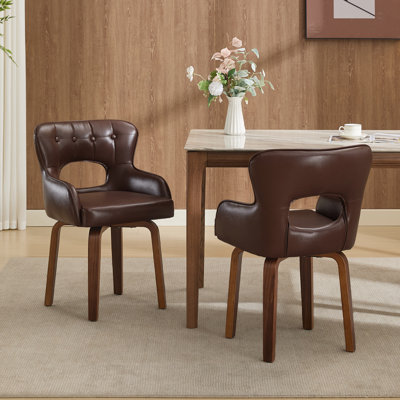 Chaises de salle à manger pivotantes 360 ° Mid-Century brunes avec patins réglables, pieds en bois massif