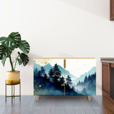 Sideboard Buffet Cabinet with Storage Golden Ink Misty Pine Forest with 2 Doors for Living Room and Kitchen